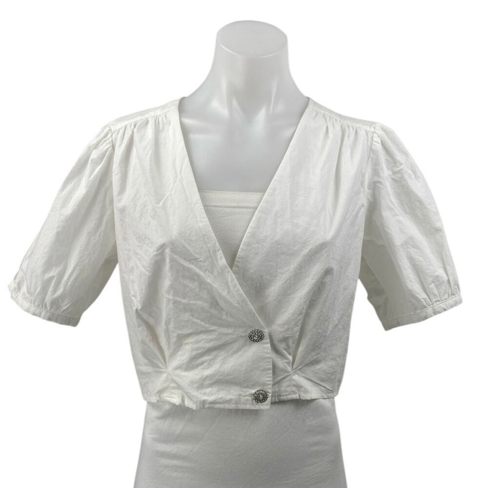 NEW Zara White Short Sleeve V Neck button Front Shirt Blouse Crop top Size S